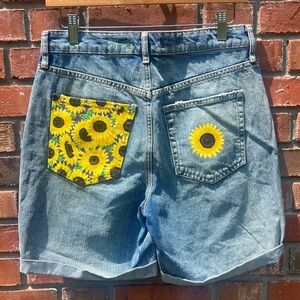 Free People Denim Shorts With Hand-Painted Sunflower Design
